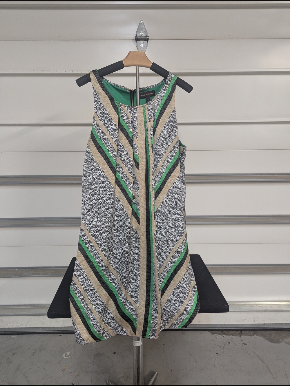 Dana Buchman Green, Black & Cream Striped Midi Dress